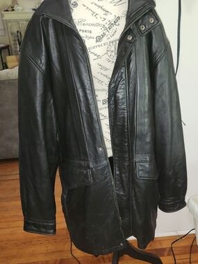 Bostonian Black Leather Trench Coat with Zip and Snap Details
